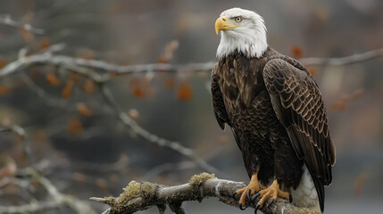 Obraz premium Portrait of majestic American bald eagle perched on branch, symbolizing wildlife in USA