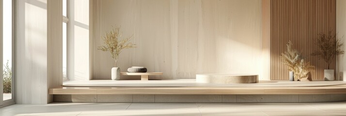 Minimalist D Rendered Platform for Elegant Product Showcase in Neutral Serene Interior Setting