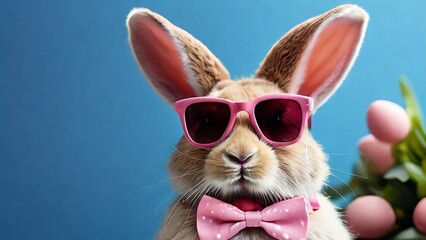 Cute easter bunny with glasses and collar ribbon.