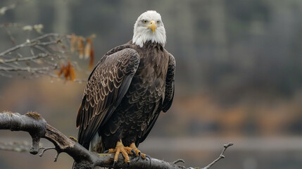 Portrait of majestic American bald eagle perched on branch, symbolizing wildlife in USA