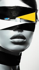 A minimalist and modern design portraits of a beautiful woman, one eye covered in an artistic black band in bold white, blue or yellow colors, set against a stark white background - generative ai