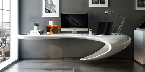 Modern white computer desk in a room with an Anti-Gravity Desk.