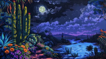 A painting of a night scene with a water scene with a large cactus and flowers
