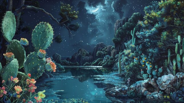 A painting of a night scene with a water scene with a large cactus and flowers
