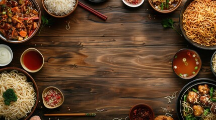 Asian Cuisine Feast: A Tapestry of Flavors - A sumptuous spread of various Asian dishes on a rich wooden backdrop.