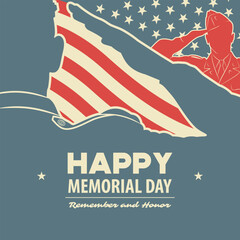 Memorial day poster design template. US Army soldiers saluting on American flag background. Vector illustration - obrazy, fototapety, plakaty