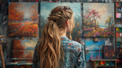 Young woman artist painting at home creative painting back view.