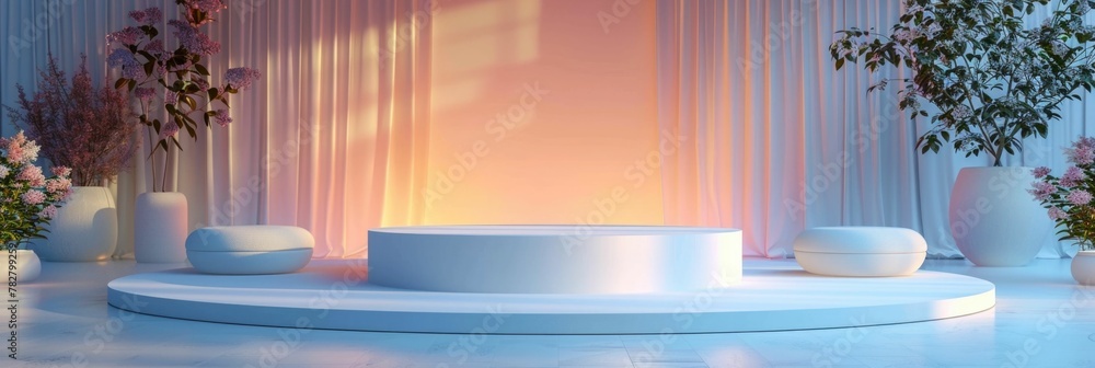 Poster soft hued d rendered podium set in dreamlike stage for display and showcase