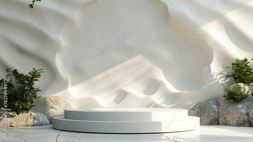 Poster clean minimalist geometric pedestal product display background with soft textured contrast