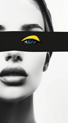 A minimalist and modern design portraits of a beautiful woman, one eye covered in an artistic black band in bold white, blue or yellow colors, set against a stark white background - generative ai