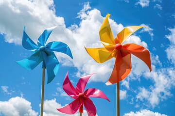 Whimsical pinwheels spinning in the breeze against a backdrop of billowing clouds and bright blue sky, creating a playful atmosphere for a birthday celebration in the great outdoors.
