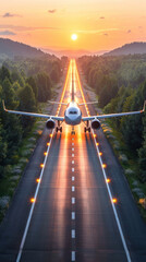 A plane is flying over a long road with a sunset in the background