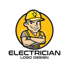 Electrician Cartoon Vector Logo Design