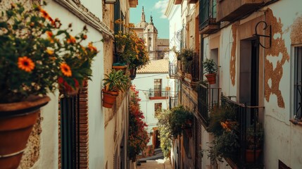 Fototapeta na wymiar Beautiful street with flowers of the old Mediterranean city. Generative AI