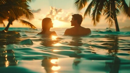 A couple relaxes by a Mediterranean-style swimming pool on their honeymoon day enjoying the surroundings of extraordinary tranquility.