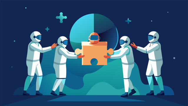 A team of astronauts standing in a circle each holding a puzzle piece working together to complete a complex puzzle. The focus and