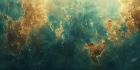 A blue and gold space background with stars and a planet - obrazy, fototapety, plakaty