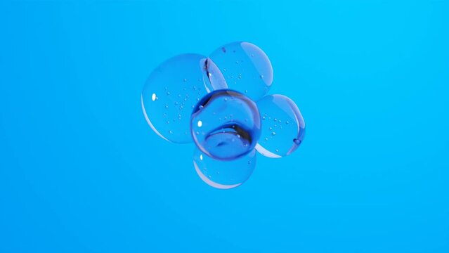 Blue hydrating water serum molecules in a beauty skin collagen gel. Moisturizing and clarifying liquid product with science based results for skincare on an abstract clear background.