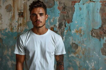 Man in White Tee Poses in Rustic Studio. Concept Fashion Photography, Rustic Studio Setting, White Tee Outfit, Male Model Portrait, Artistic Poses