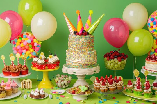 Vibrant party hats and colorful balloons arranged around a table adorned with a scrumptious birthday cake and assorted treats, against a lively lime green background