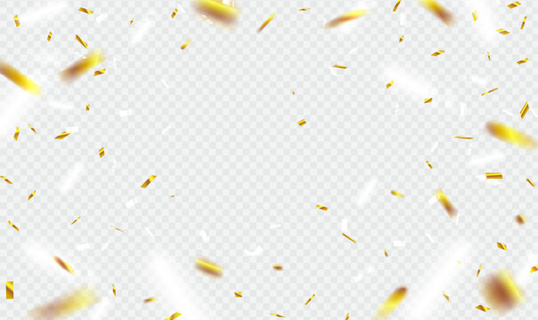 Golden and White confetti flying on transparent background for celebration party, Christmas, New Year, Carnival festivity, Valentine&rsquo;s Day, Holiday, birthday, festive event decoration. Premium Vector.