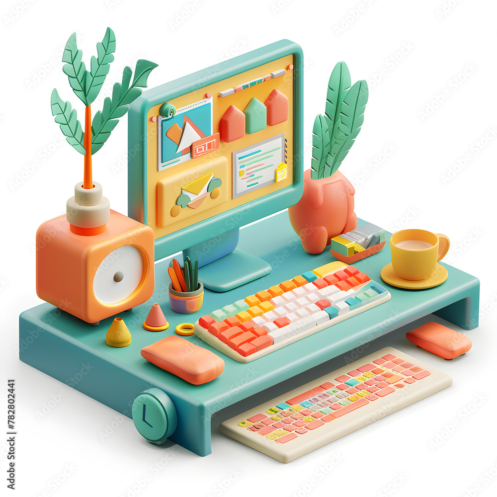 Poster a computer desk with a keyboard, mouse, and a monitor