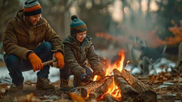 A boy and his father enjoy a campfire in the forest during the fall season. Surrounded by the beauty of nature and armed with camouflage and paintball guns.