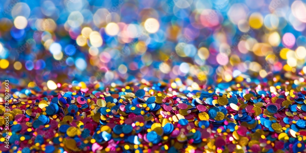 Poster brightly colored sequins sparkling with a vivid bokeh effect for a festive background.