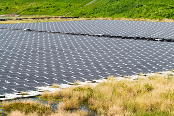 View of the floating Solar power system on the flood detention basin in Kaohsiung, Taiwan.