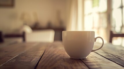 Fototapeta premium Cozy morning setting with a coffee cup centered on a wooden table, evoking tranquility and simplicity.