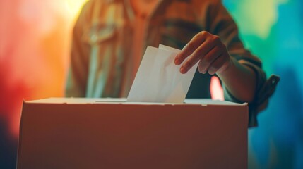 A person casting a ballot in a voting booth with a vibrant, colorful blurred background. - obrazy, fototapety, plakaty
