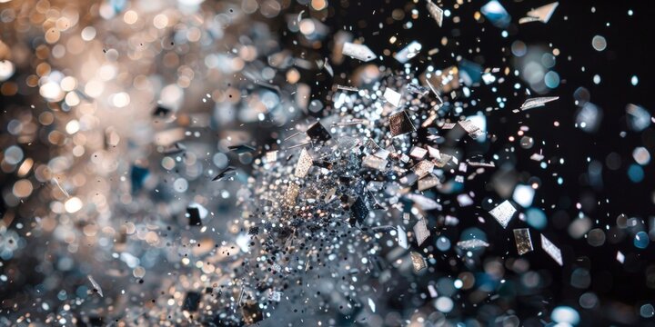 Close-up of sparkling silver particles and cubes suspended in air with a blurred background.