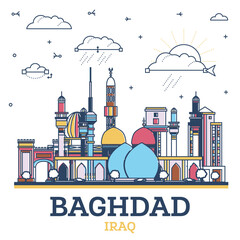 Outline Baghdad Iraq City Skyline with Colored Historic Buildings Isolated on White. Baghdad Cityscape with Landmarks. - 782802834