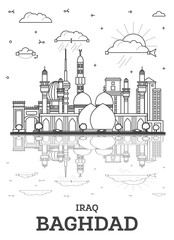 Outline Baghdad Iraq City Skyline with Historic Buildings and Reflections Isolated on White. Baghdad Cityscape with Landmarks. - 782802840