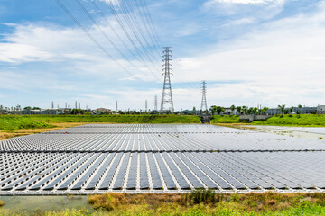 View of the floating Solar power system on the flood detention basin in Kaohsiung, Taiwan.