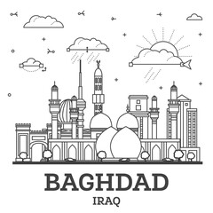 Outline Baghdad Iraq City Skyline with Historic Buildings Isolated on White. Baghdad Cityscape with Landmarks.