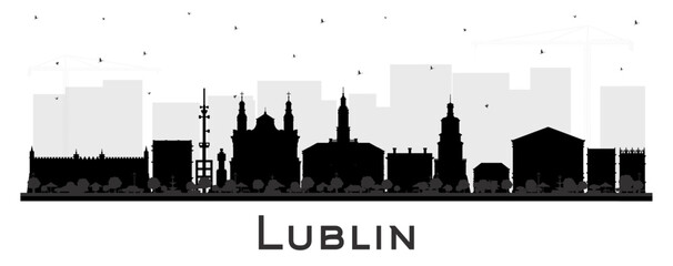 Lublin Poland city skyline silhouette with black buildings isolated on white. Lublin cityscape with landmarks. Business and tourism concept with modern and historic architecture. - obrazy, fototapety, plakaty