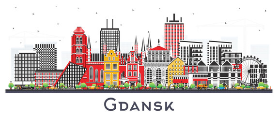 Gdansk Poland city skyline with color buildings isolated on white. Gdansk cityscape with landmarks. Business travel and tourism concept with modern and historic architecture. - 782802855