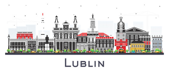 Lublin Poland city skyline with color buildings isolated on white. Lublin cityscape with landmarks. Business travel and tourism concept with modern and historic architecture. - obrazy, fototapety, plakaty