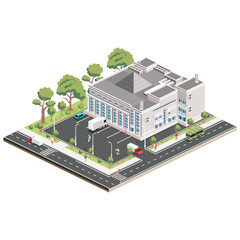 Isometric shopping mall. Infographic element. Supermarket building. Vector illustration. People, trucks and trees with green leaves isolated on white background. - 782802887