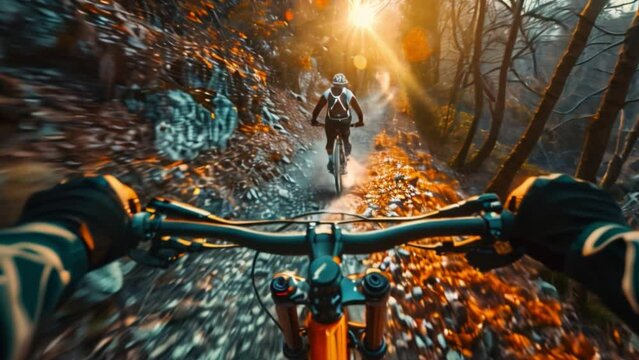 A mountain biker's first-person view of the trails as he pedals through the forest in the warm glow of the setting sun.