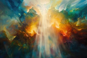 Radiant beams of light pierce through layers of translucent color, casting a celestial glow upon the mesmerizing tableau.