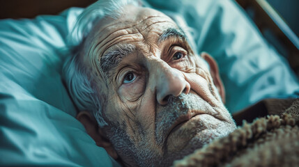 An elderly man with wispy white hair lies peacefully in a hospital bed, forever lost in his memories as the world bustles around him