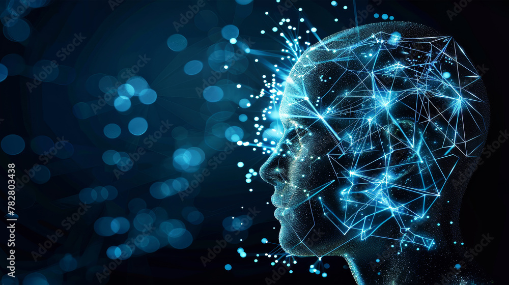 Poster a persons head with a complex network of interconnected lines and nodes representing a digital or ne