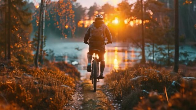 A mountain biker's first-person view of the trails as he pedals through the forest in the warm glow of the setting sun.