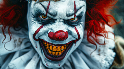 Fiery Gaze: The Haunting Close-up of a Malevolent Clown With Crimson Locks
