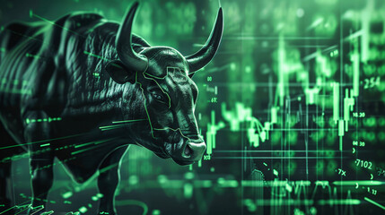 A bull stands confidently in front of a stock chart, symbolizing a bullish market trend and positive investor sentiment - obrazy, fototapety, plakaty