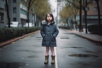 Obraz premium A young girl stands on a wet street in a raincoat