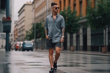 A man in a blue shirt and black shorts walks down a wet street