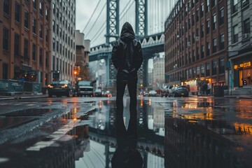 A man stands in the rain in front of a bridge